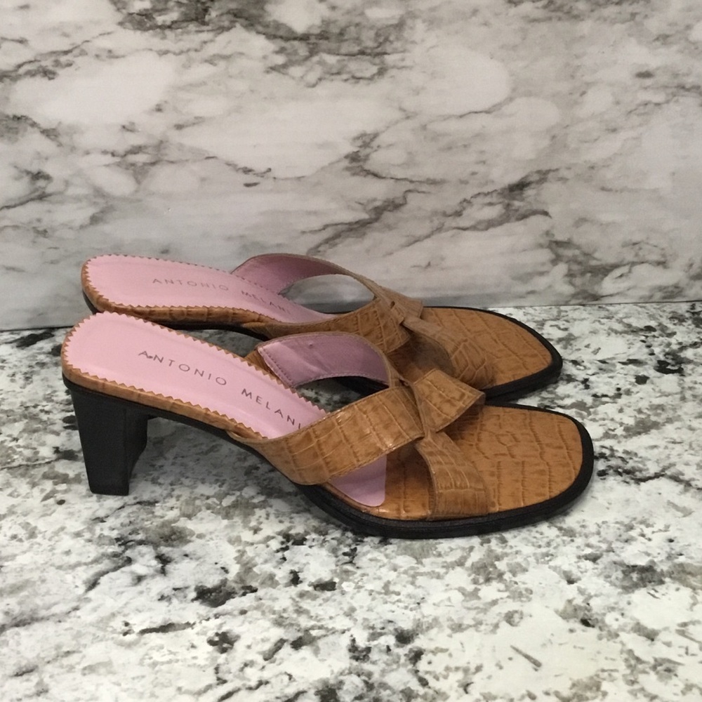Antonio Melani Leather Tan Open Toe Mule/Slide W/Stack Block Heel